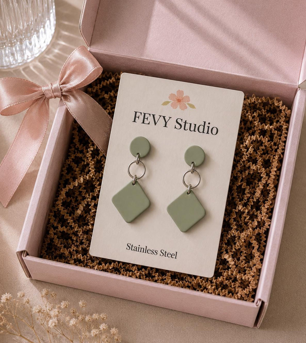 Sage Green Polymer Clay Earrings, Minimalist Dangle Earrings, Stainless Steel Earrings, Lightweight Handmade Earrings, Modern Geometric