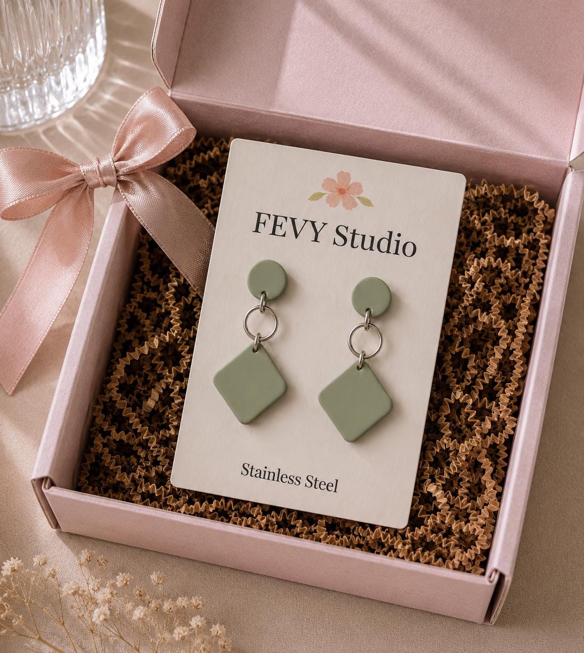 Sage Green Polymer Clay Earrings, Minimalist Dangle Earrings, Stainless Steel Earrings, Lightweight Handmade Earrings, Modern Geometric