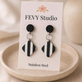 Black and White Stripe Polymer Clay Earrings, Geometric Dangle Earrings, Lightweight Statement Earrings, Stainless Steel Earrings, Handmade