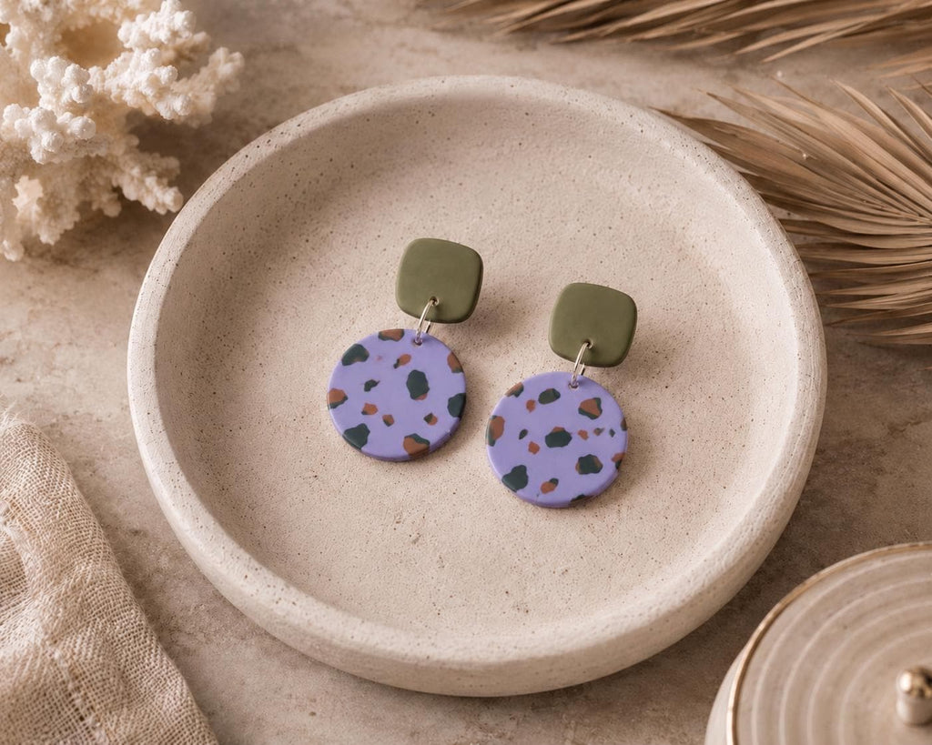 Lavender Terrazzo Statement Earrings | Olive Green Dangle | Lightweight Polymer Clay Jewelry