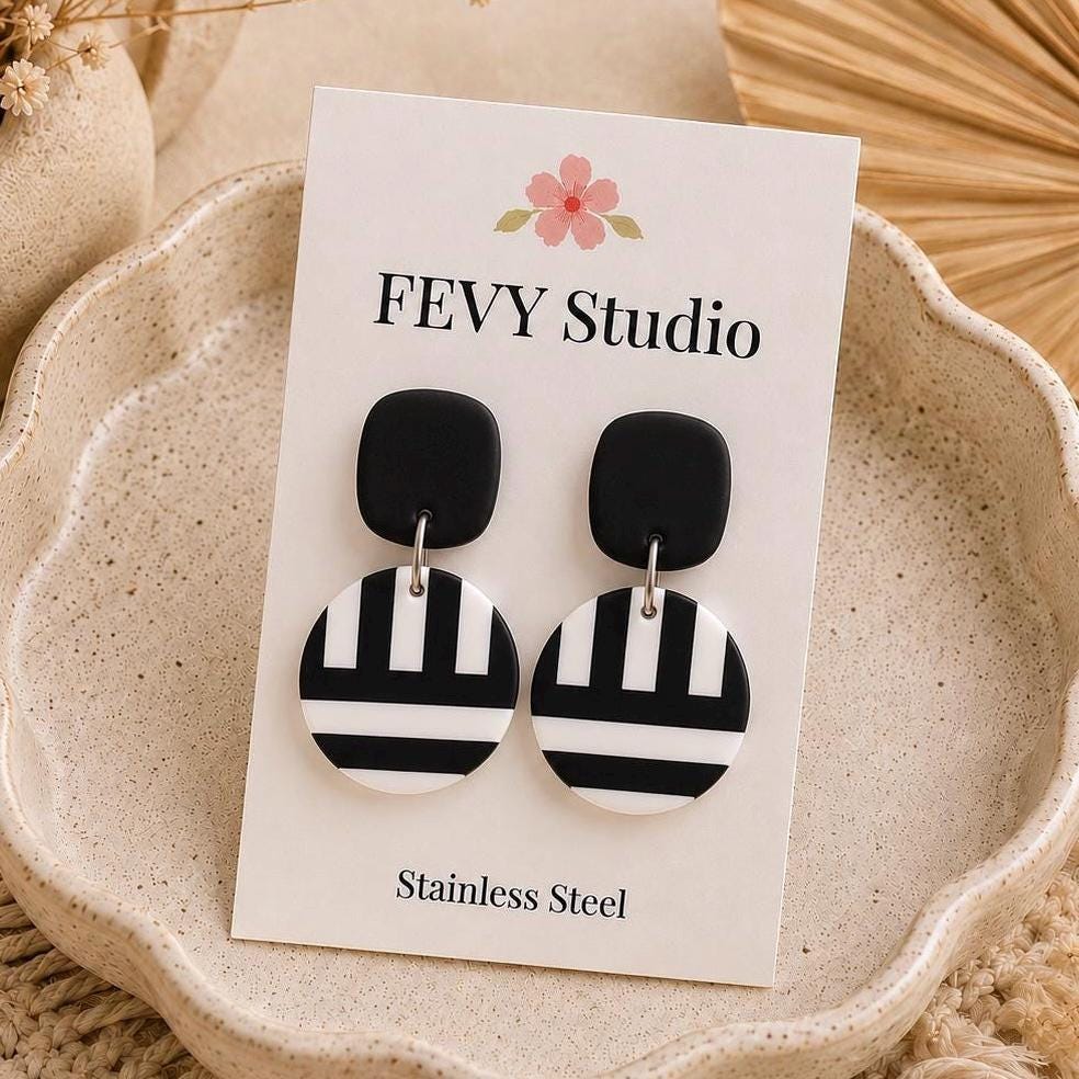Black and White Earrings, Geometric Polymer Clay Earrings, Modern Dangle Earrings, Statement Jewelry, Minimalist Gift for Her