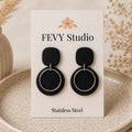 Black Statement Earrings for Women, Polymer Clay Earrings, Stainless Steel Dangle Earrings, Modern Geometric Earrings, Lightweight Handmade