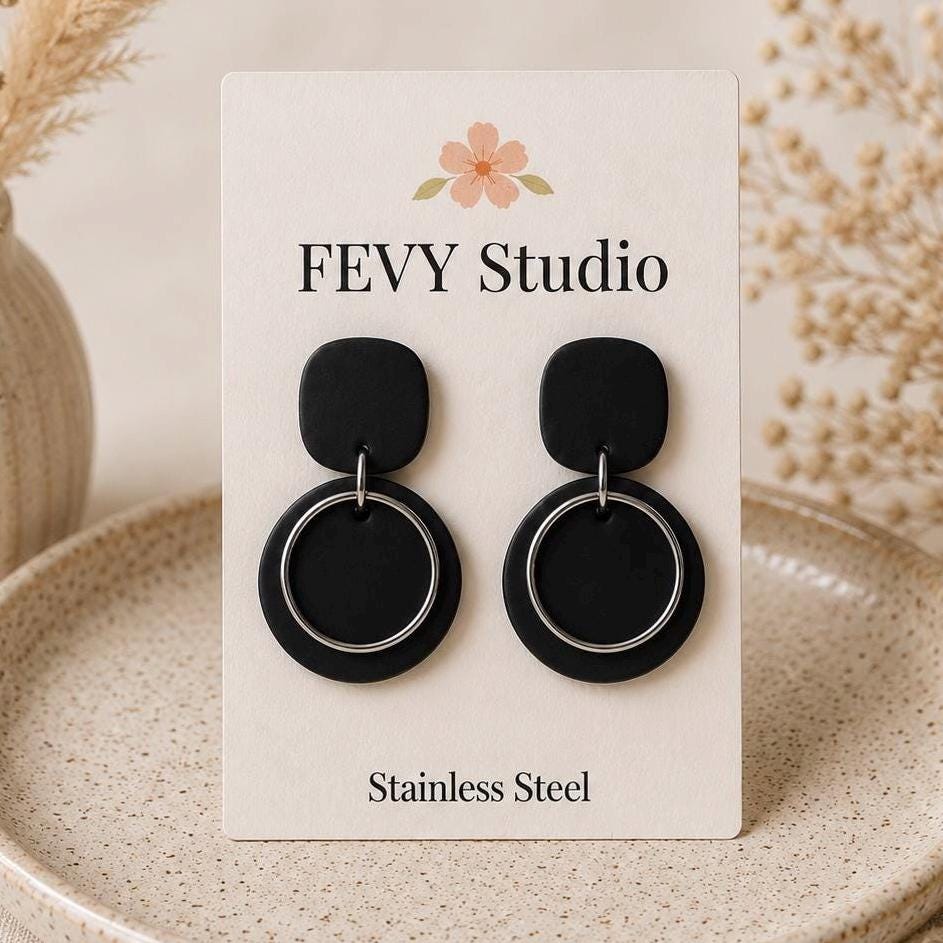 Black Statement Earrings for Women, Polymer Clay Earrings, Stainless Steel Dangle Earrings, Modern Geometric Earrings, Lightweight Handmade