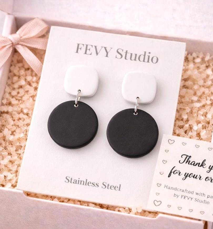 Black White Dangle Earrings, Polymer Clay Earrings, Minimalist Statement Earrings, Geometric Lightweight Earrings, Boho Gift for Her