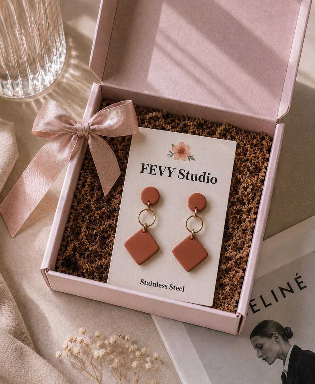 Terracotta Geometric Polymer Clay Earrings, Lightweight Statement Earrings, Stainless Steel Dangle Earrings, Modern Boho Jewelry, Handmade