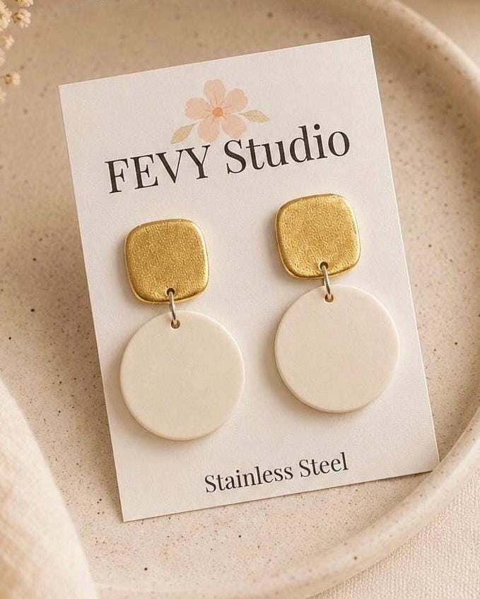 Ivory Circle Gold Top Drop Earrings | Lightweight Polymer Clay Jewelry