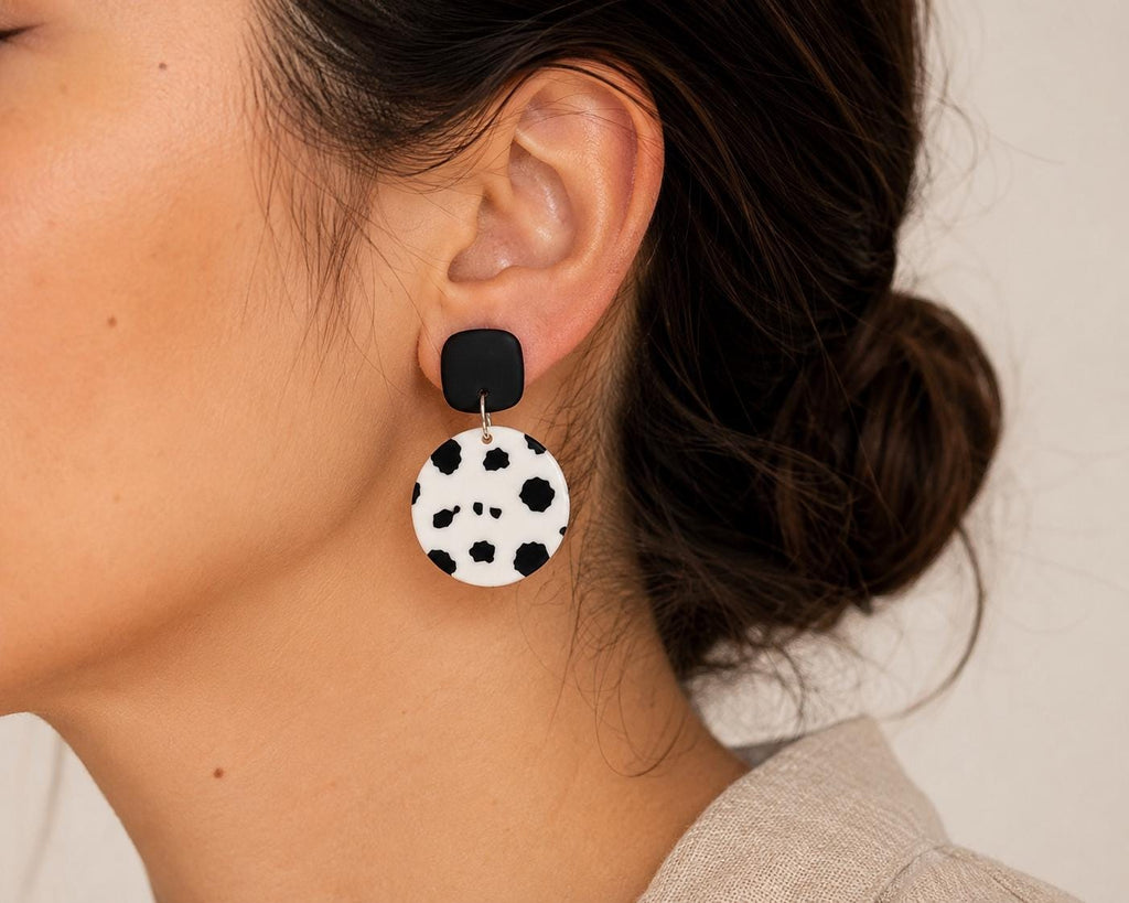 Dalmatian Print Polymer Clay Dangle Earrings, Lightweight Handmade Statement Jewelry