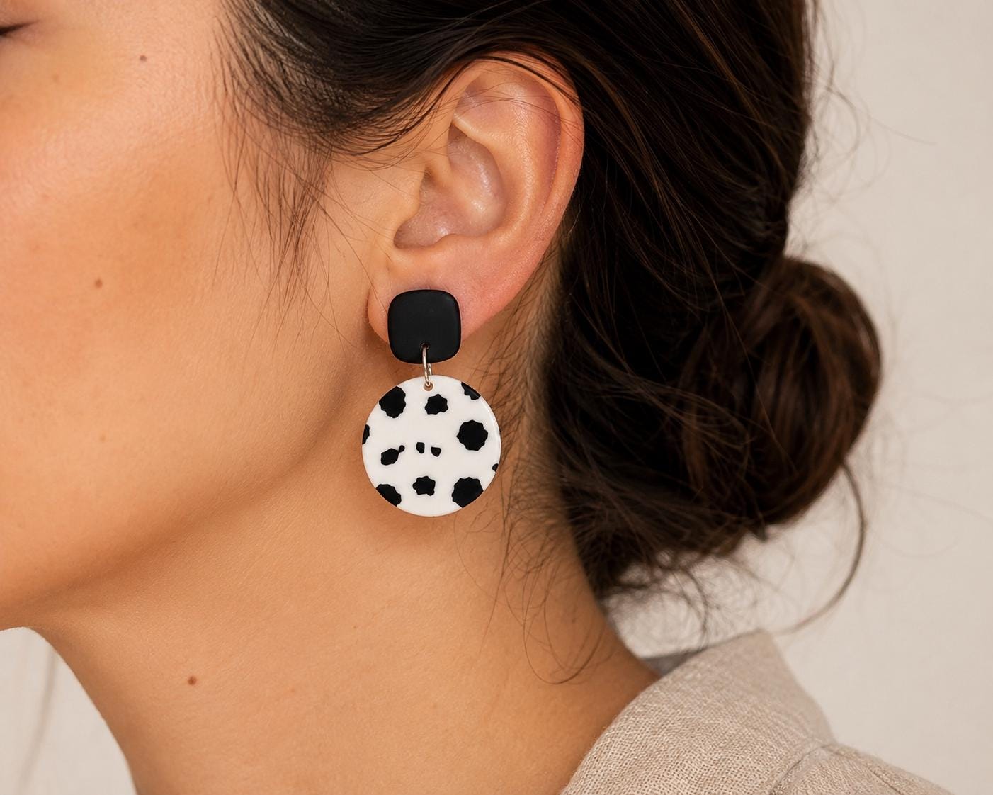Dalmatian Print Polymer Clay Dangle Earrings, Lightweight Handmade Statement Jewelry