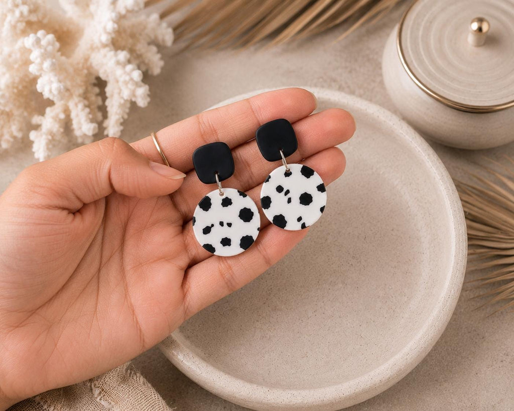 Dalmatian Print Polymer Clay Dangle Earrings, Lightweight Handmade Statement Jewelry