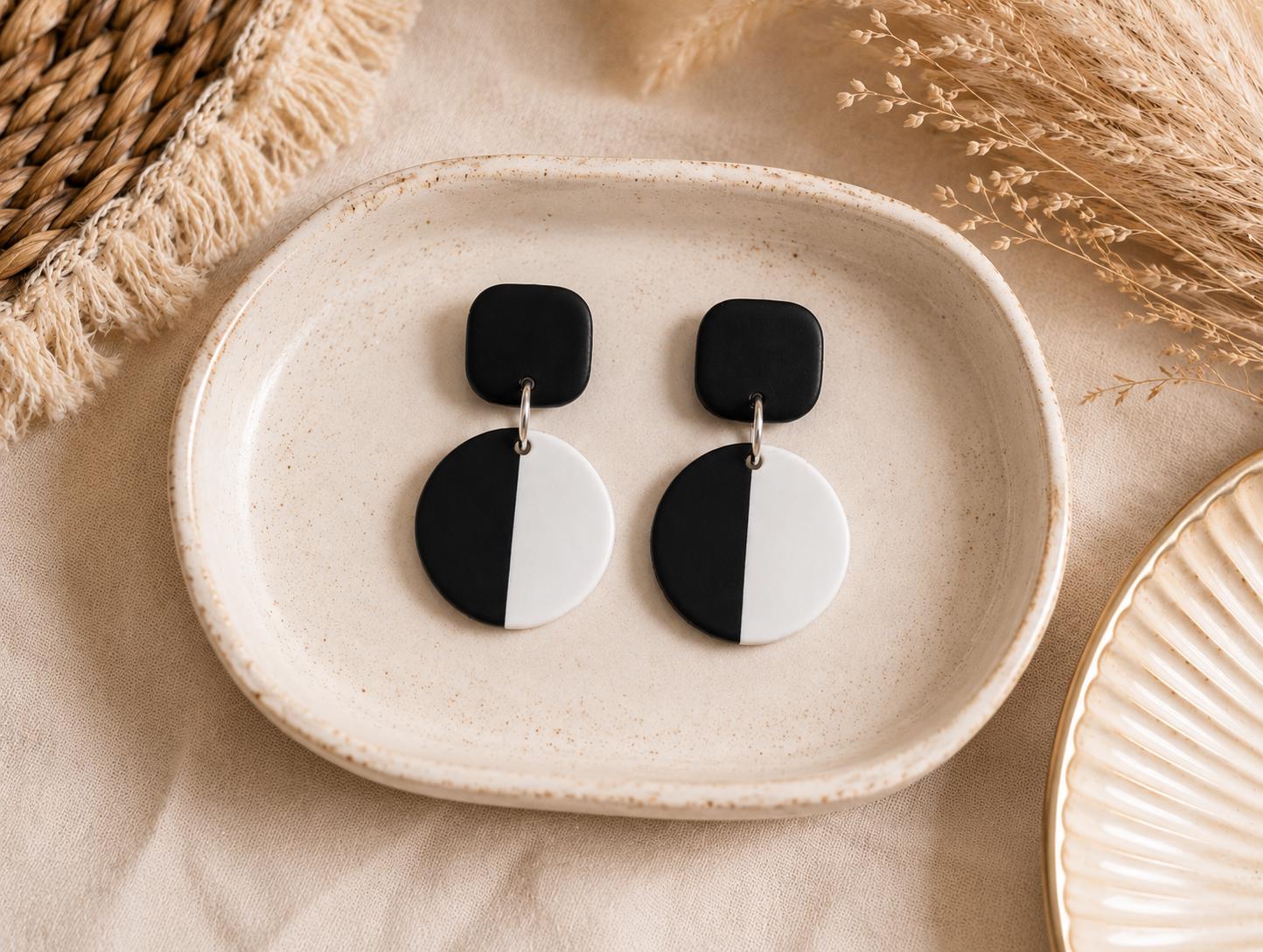 Handmade Black White Geometric Polymer Clay Earrings, Minimalist Statement Jewelry