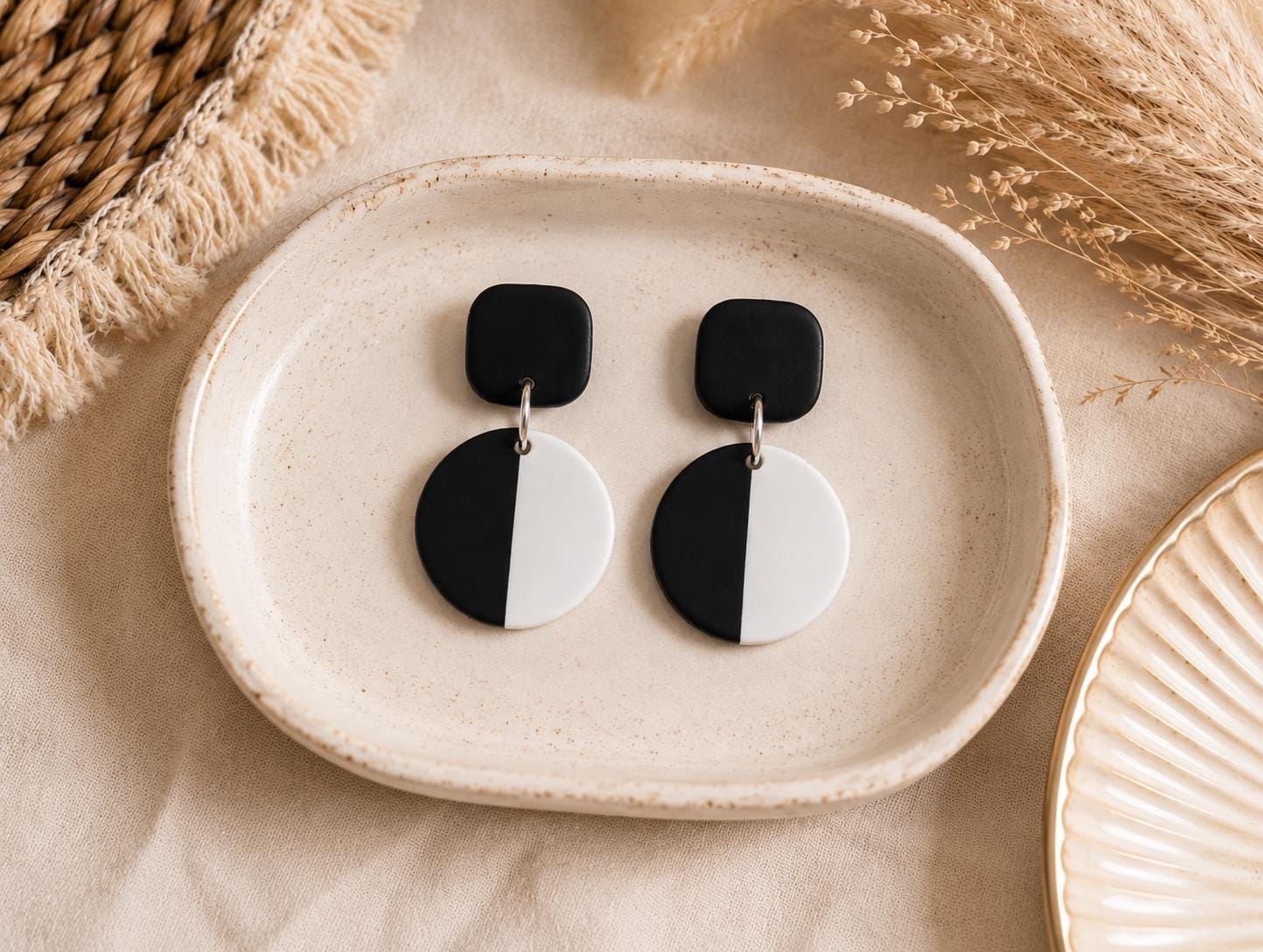 Handmade Black White Geometric Polymer Clay Earrings, Monochrome Dangle Statement Jewelry