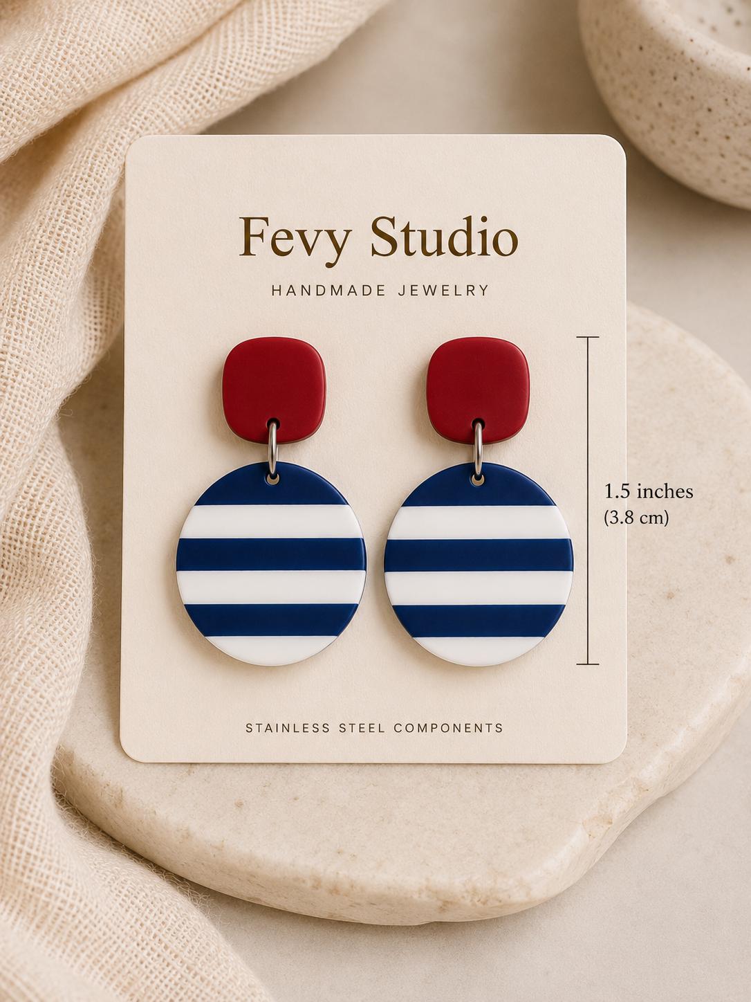 Nautical Polymer Clay Jewelry Set, Navy Blue White Red Stripes Necklace Earrings