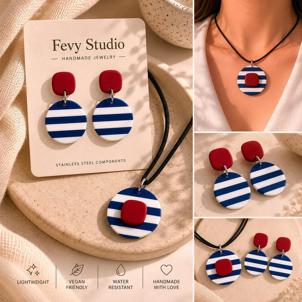 Nautical Polymer Clay Jewelry Set, Navy Blue White Red Stripes Necklace Earrings