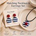 Nautical Polymer Clay Jewelry Set, Navy Blue White Red Stripes Necklace Earrings