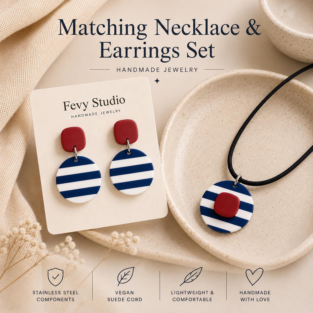Nautical Polymer Clay Jewelry Set, Navy Blue White Red Stripes Necklace Earrings