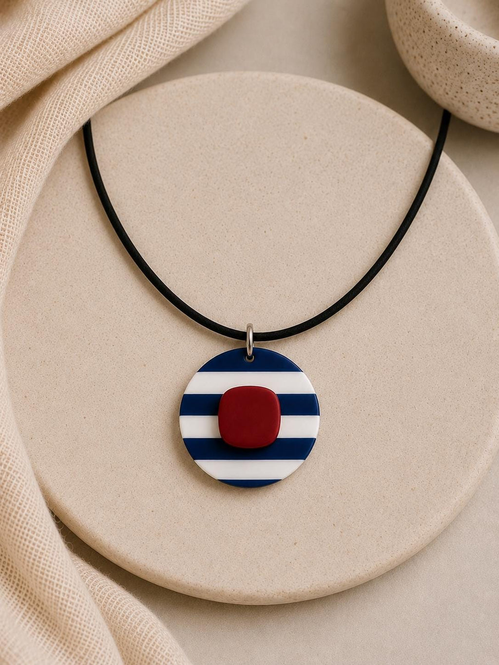 Nautical Polymer Clay Jewelry Set, Navy Blue White Red Stripes Necklace Earrings