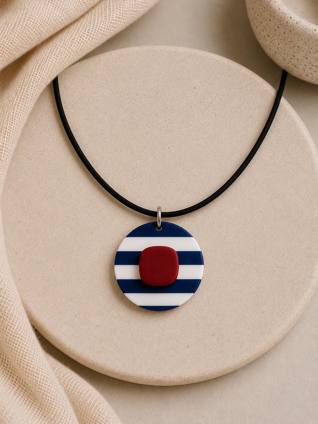 Nautical Polymer Clay Jewelry Set, Navy Blue White Red Stripes Necklace Earrings