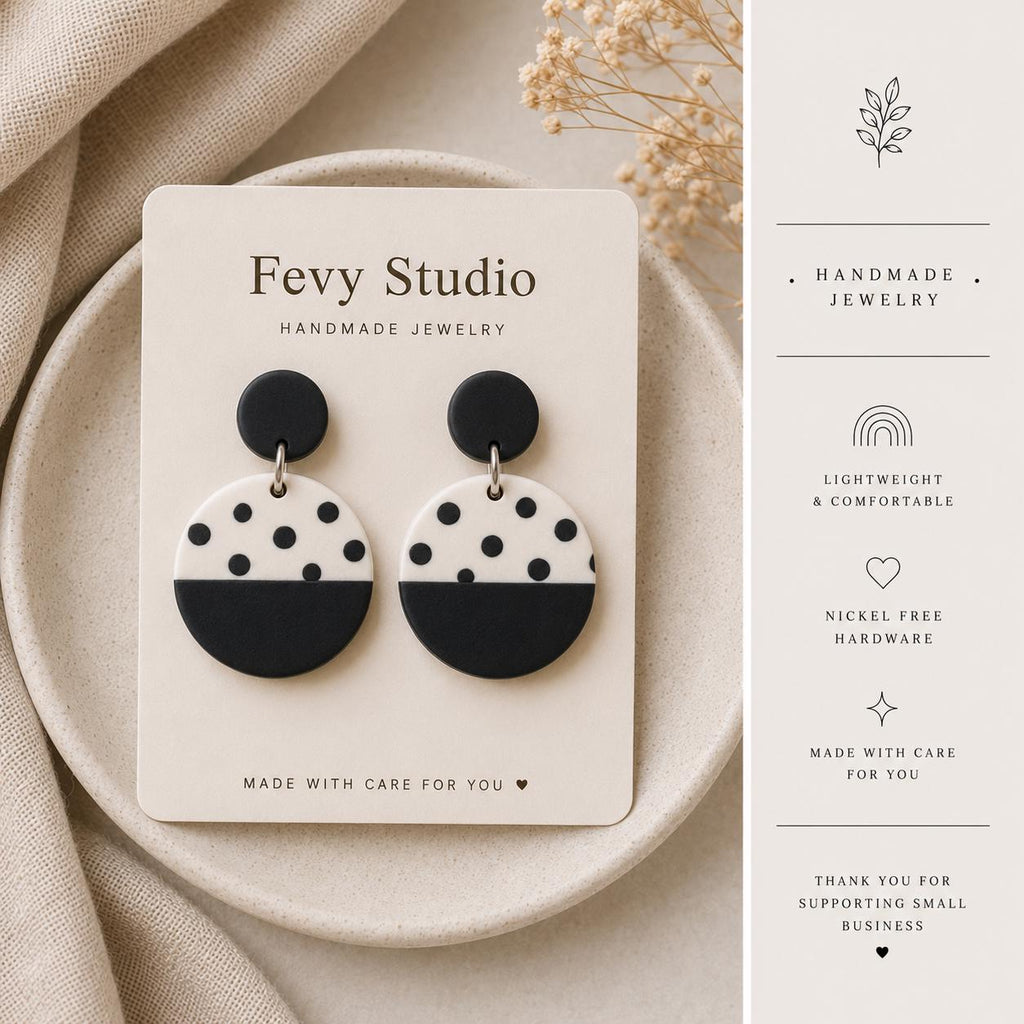 Modern Black White Earrings, Geometric Clay Earrings, Scandinavian Minimalist Jewelry, Lightweight Statement Dangles, Handmade Gift