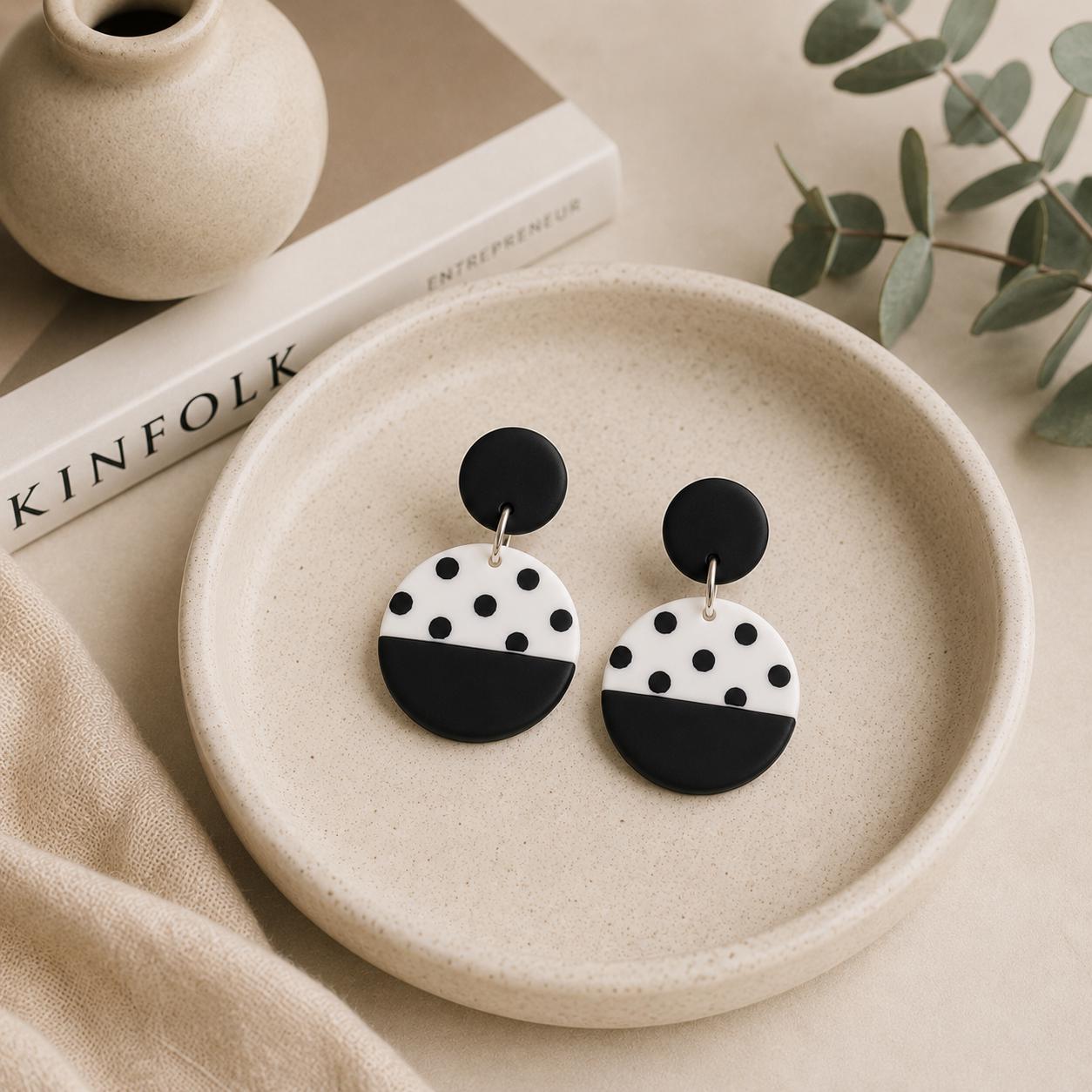 Modern Black White Earrings, Geometric Clay Earrings, Scandinavian Minimalist Jewelry, Lightweight Statement Dangles, Handmade Gift