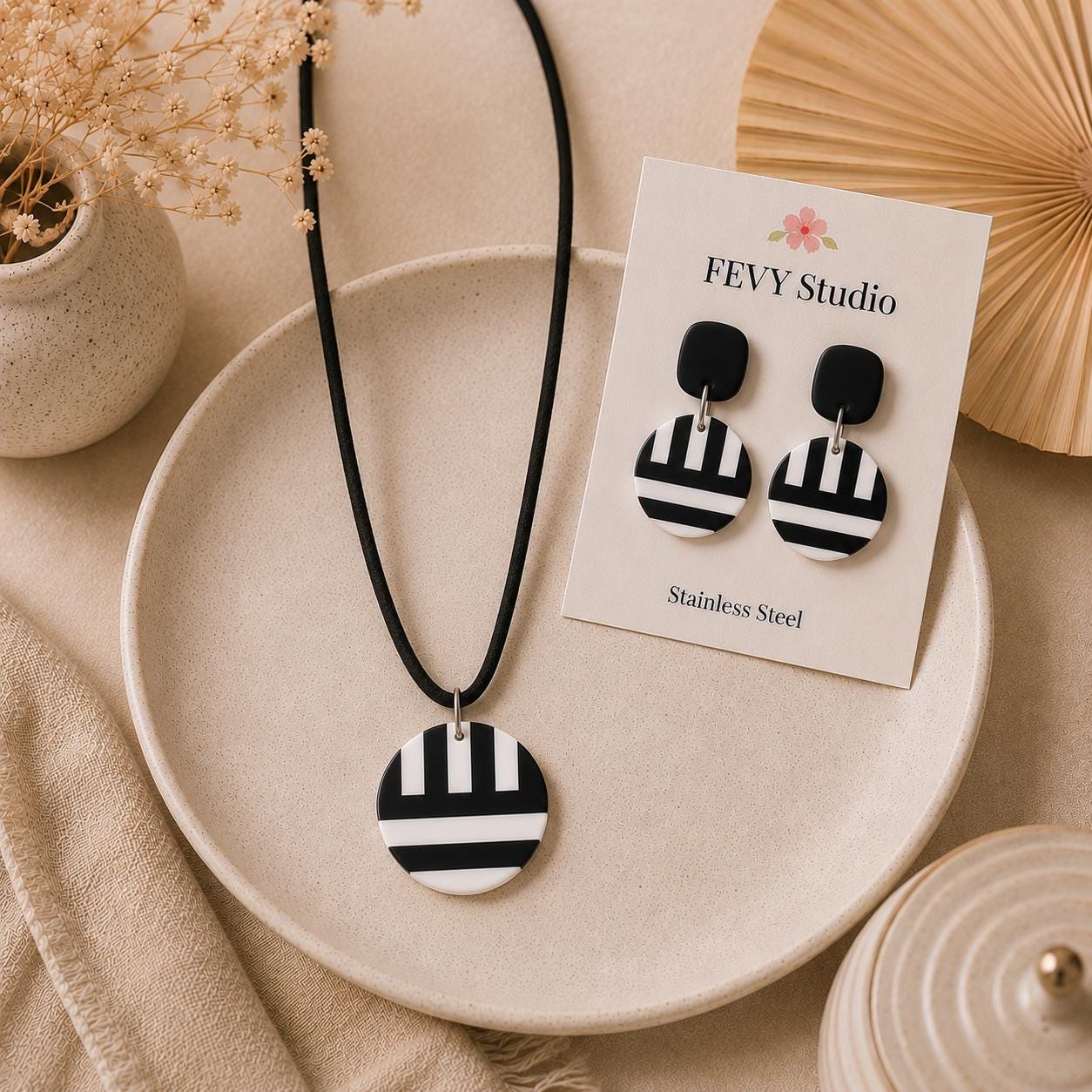 Black and White Geometric Jewelry Set, Polymer Clay Earrings and Pendant Necklace Set, Modern Statement Jewelry, Lightweight Handmade Gift