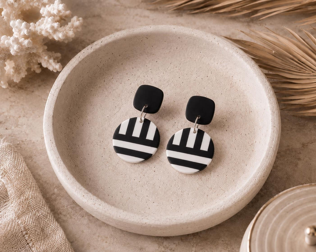 Black and White Geometric Jewelry Set, Polymer Clay Earrings and Pendant Necklace Set, Modern Statement Jewelry, Lightweight Handmade Gift
