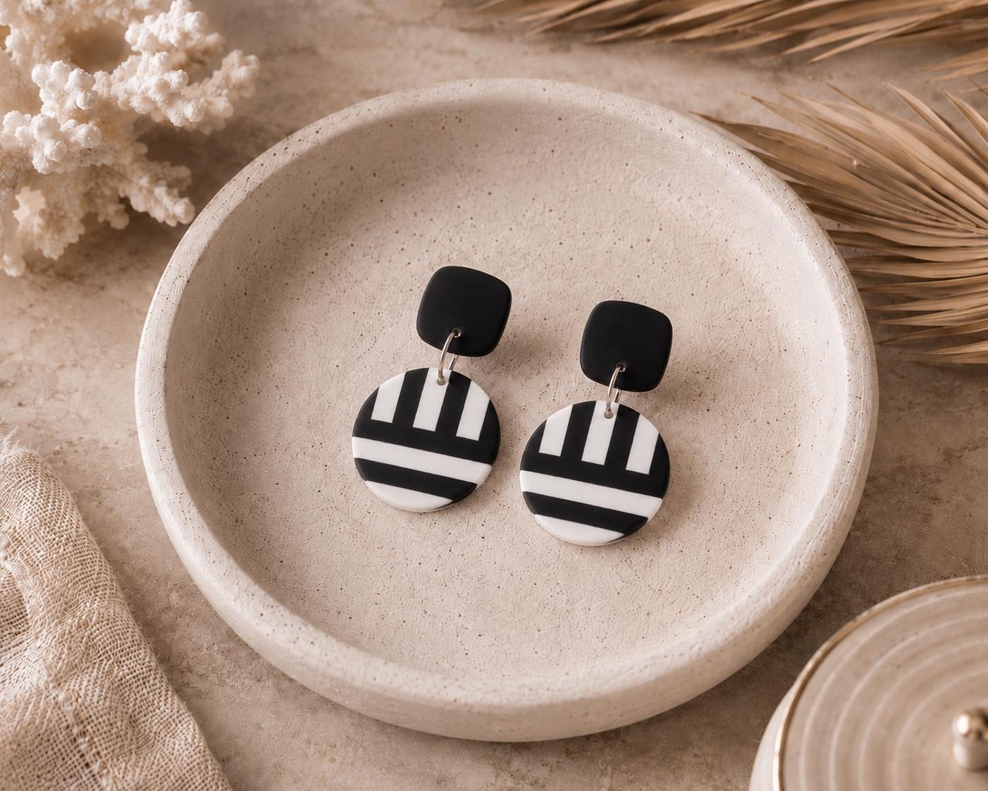 Black and White Geometric Jewelry Set, Polymer Clay Earrings and Pendant Necklace Set, Modern Statement Jewelry, Lightweight Handmade Gift