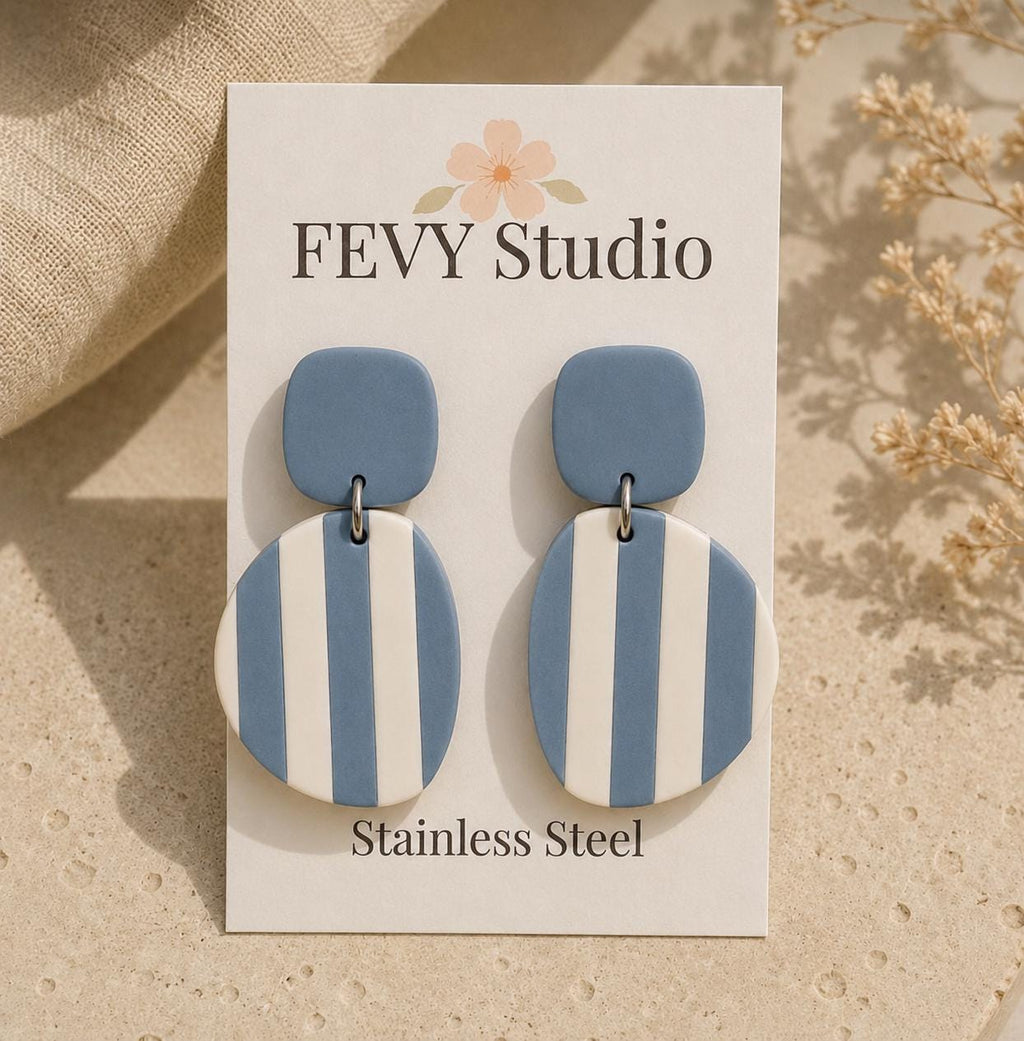 Blue Ivory Striped Polymer Clay Dangle Earrings | Coastal Nautical Statement Jewelry