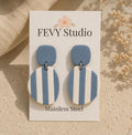 Blue Ivory Striped Polymer Clay Dangle Earrings | Coastal Nautical Statement Jewelry