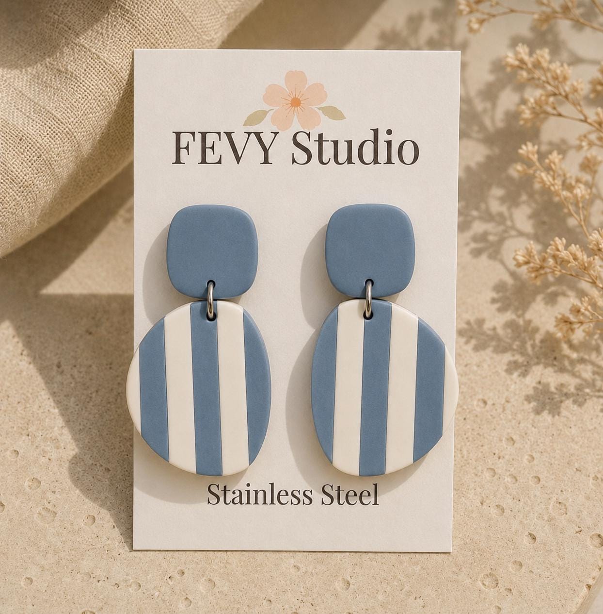 Blue Ivory Striped Polymer Clay Dangle Earrings | Coastal Nautical Statement Jewelry