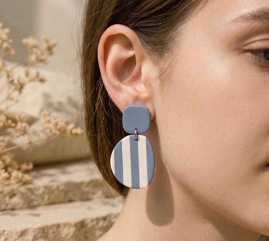 Blue Ivory Striped Polymer Clay Dangle Earrings | Coastal Nautical Statement Jewelry