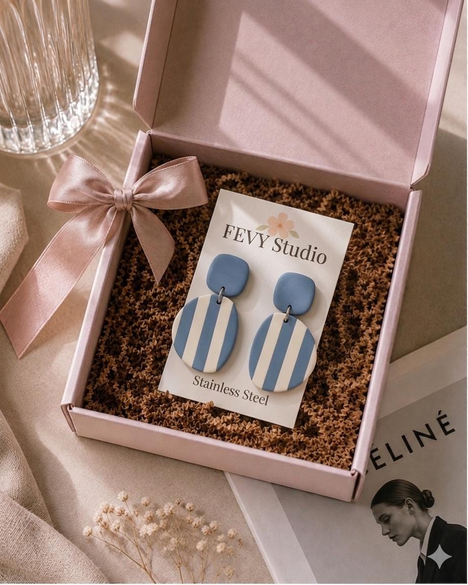 Blue Ivory Striped Polymer Clay Dangle Earrings | Coastal Nautical Statement Jewelry