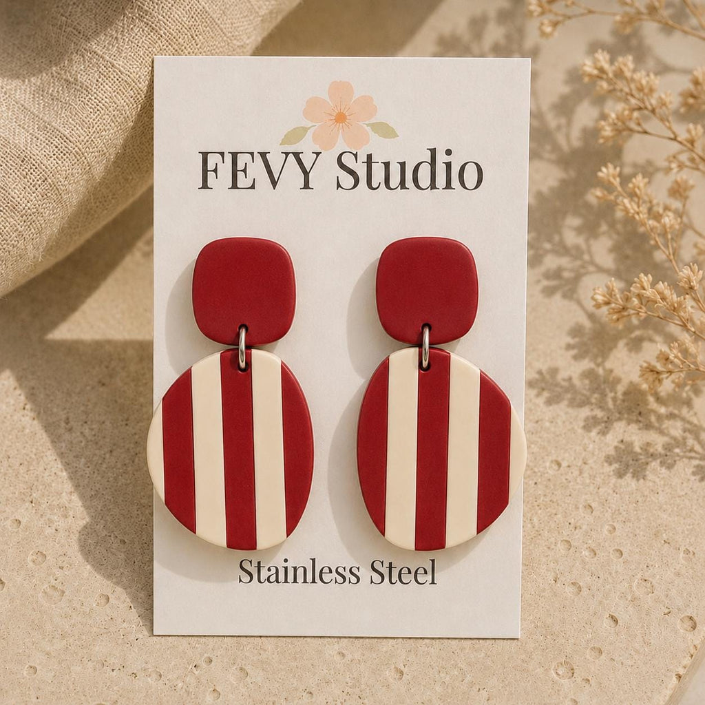 Red Ivory Striped Polymer Clay Dangle Earrings | Lightweight Geometric Statement Jewelry