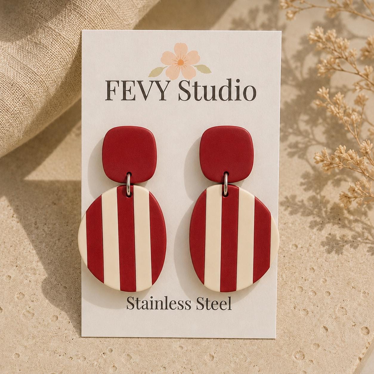 Red Ivory Striped Polymer Clay Dangle Earrings | Lightweight Geometric Statement Jewelry