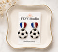 France Soccer Earrings – French Flag Heart Earrings with Soccer Ball Charm – Handmade Polymer Clay Fan Earrings – Lightweight Statement