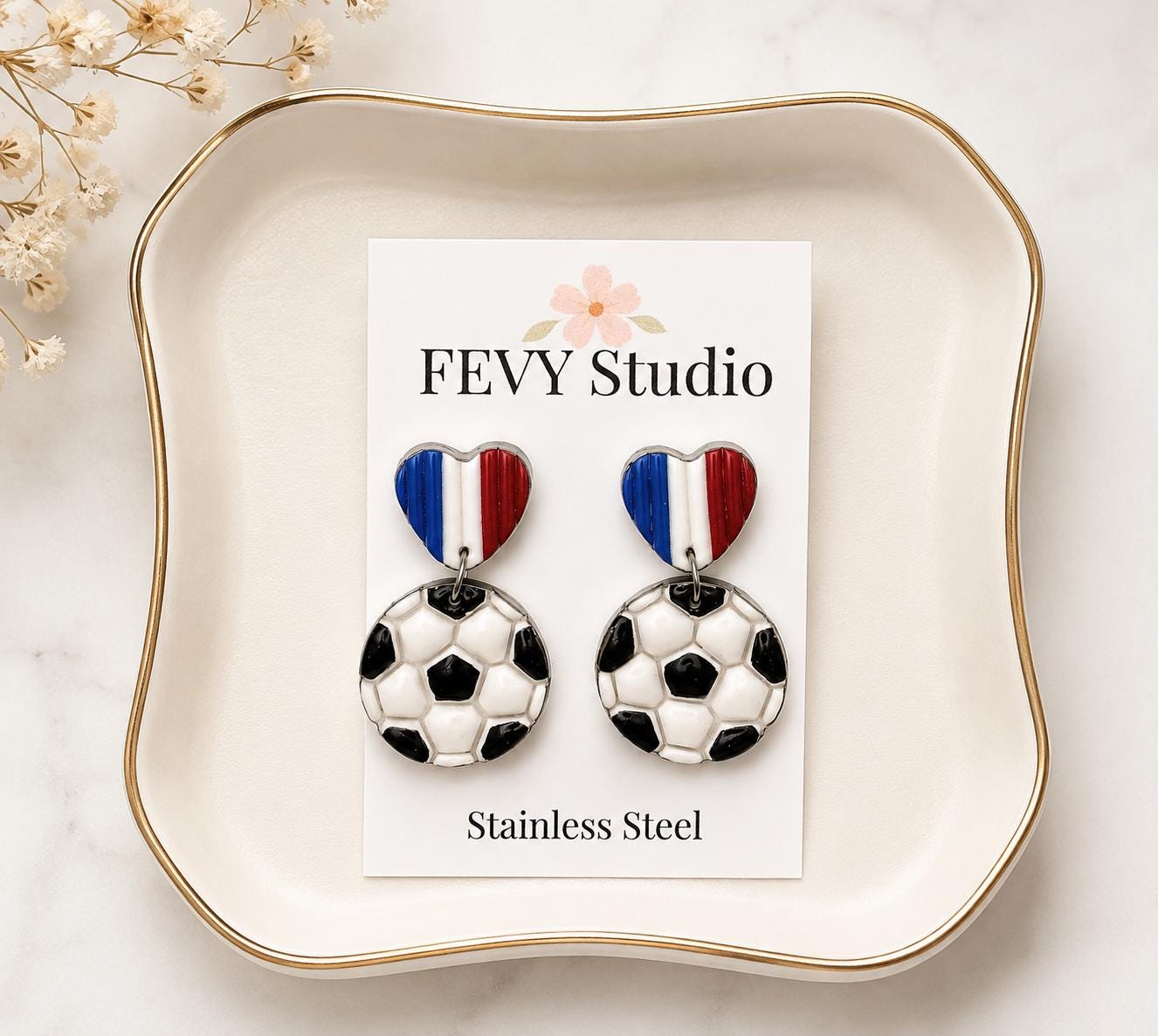 France Soccer Earrings – French Flag Heart Earrings with Soccer Ball Charm – Handmade Polymer Clay Fan Earrings – Lightweight Statement