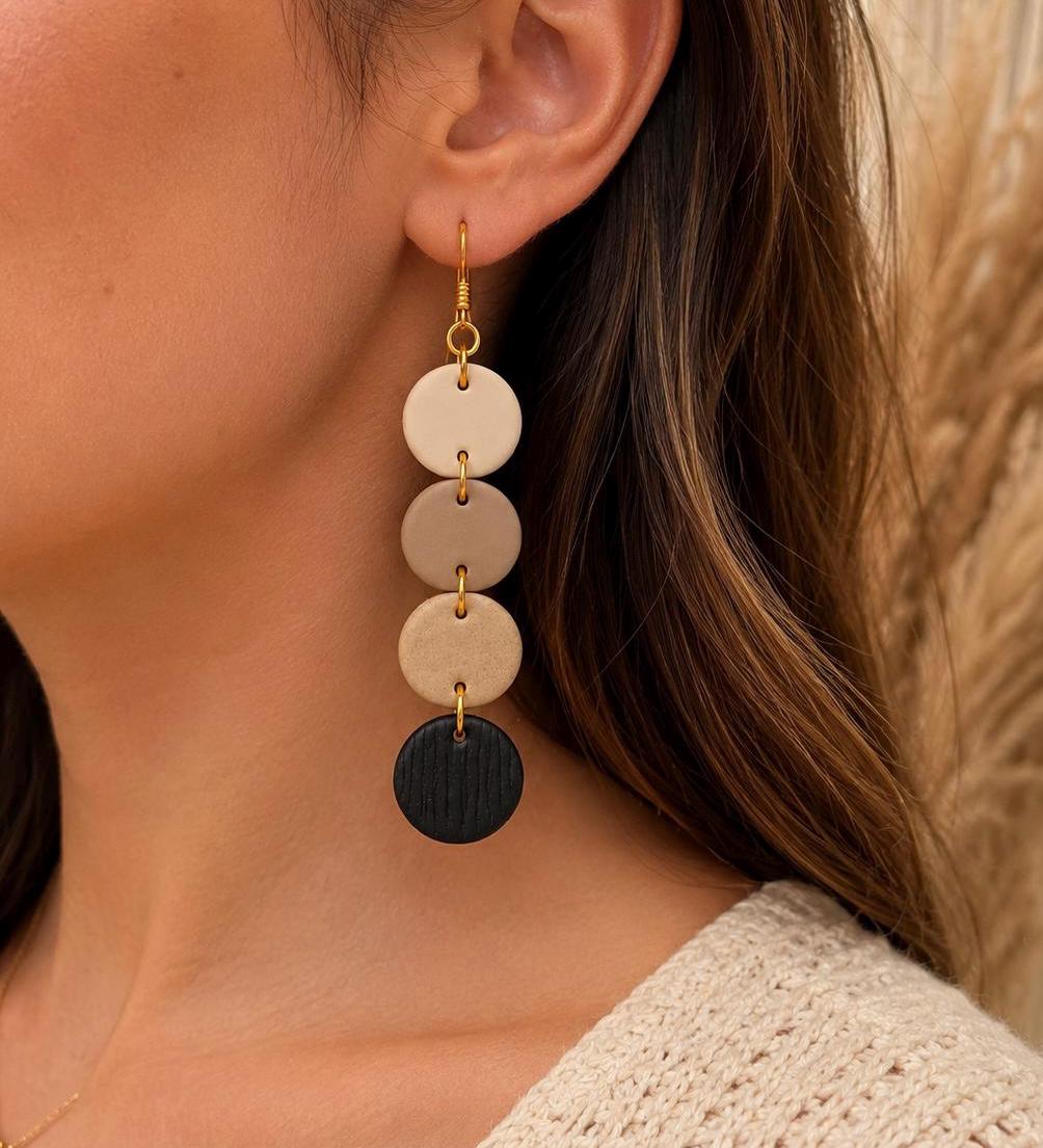 Beige Black Polymer Clay Earrings, Lightweight Geometric Dangles, Modern Statement Jewelry, Handmade Gift for Her