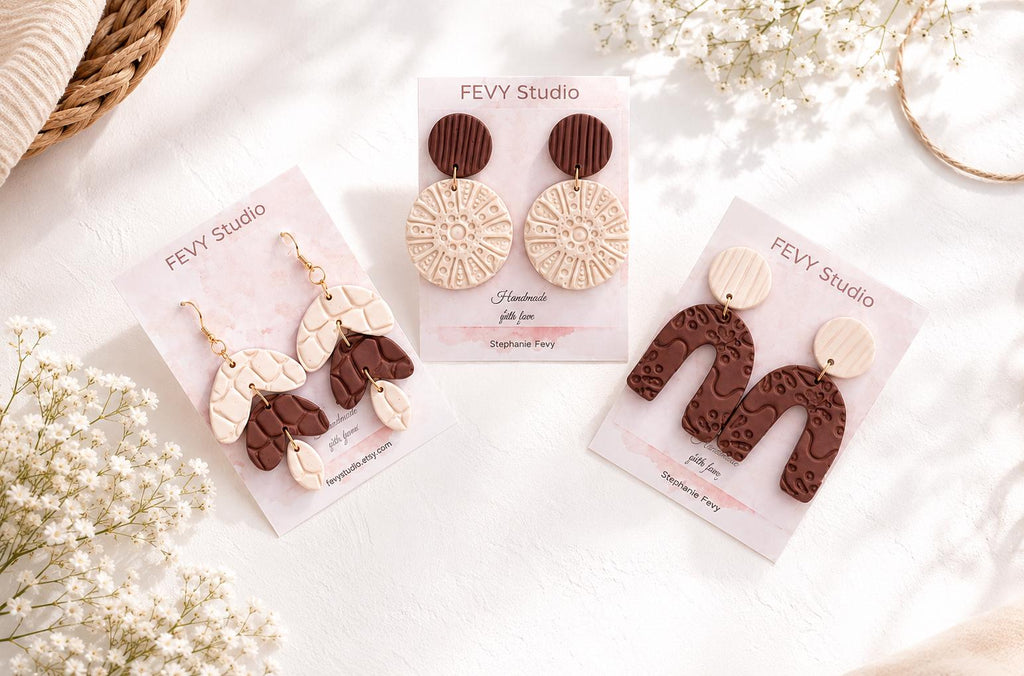 Handmade Textured Polymer Clay Dangle Earrings | Neutral Boho Minimalist Jewelry