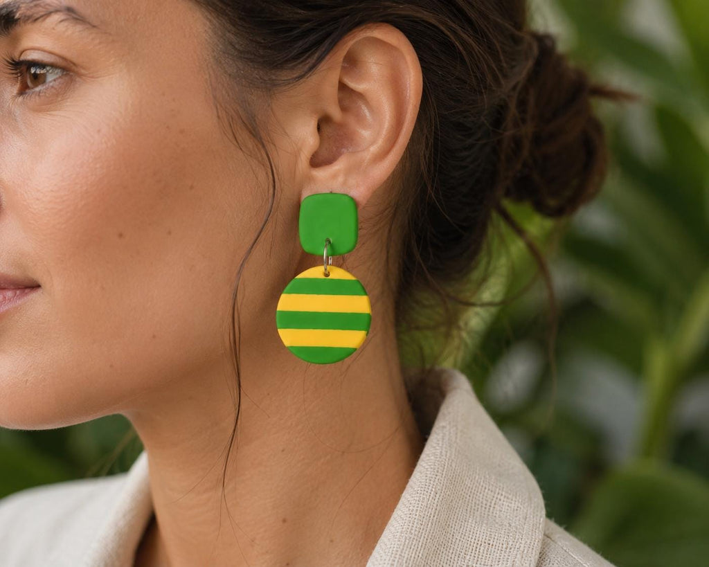 Green Yellow Striped Polymer Clay Earrings, Lightweight Boho Statement Jewelry