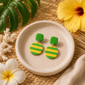 Green Yellow Striped Polymer Clay Earrings, Lightweight Boho Statement Jewelry