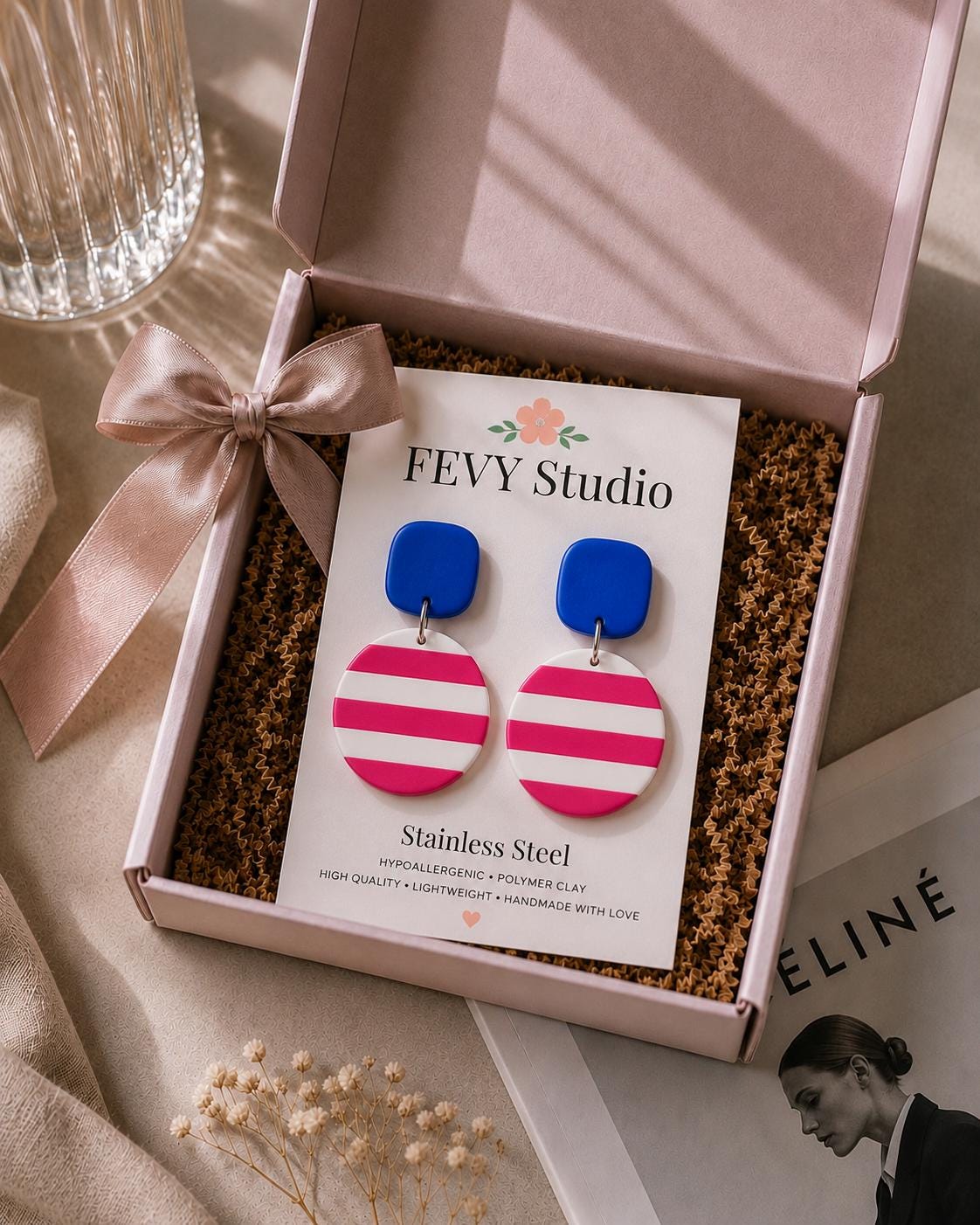 Coastal Chic Earrings, Handmade Striped Polymer Clay Dangles, Lightweight Summer Jewelry, Bold Statement Earrings for Women