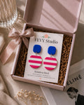Blue & Pink Statement Earrings, Bold Polymer Clay Earrings, Electric Blue Dangle Earrings, Fuchsia Striped Earrings, Colorful Jewelry