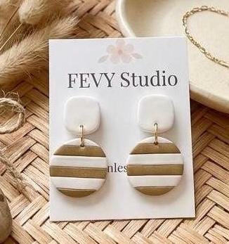 Boho Polymer Clay Earrings, Handmade Striped Gold and White Dangle Earrings, Elegant Geometric Statement Earrings, Clay Jewelry Gift for Her