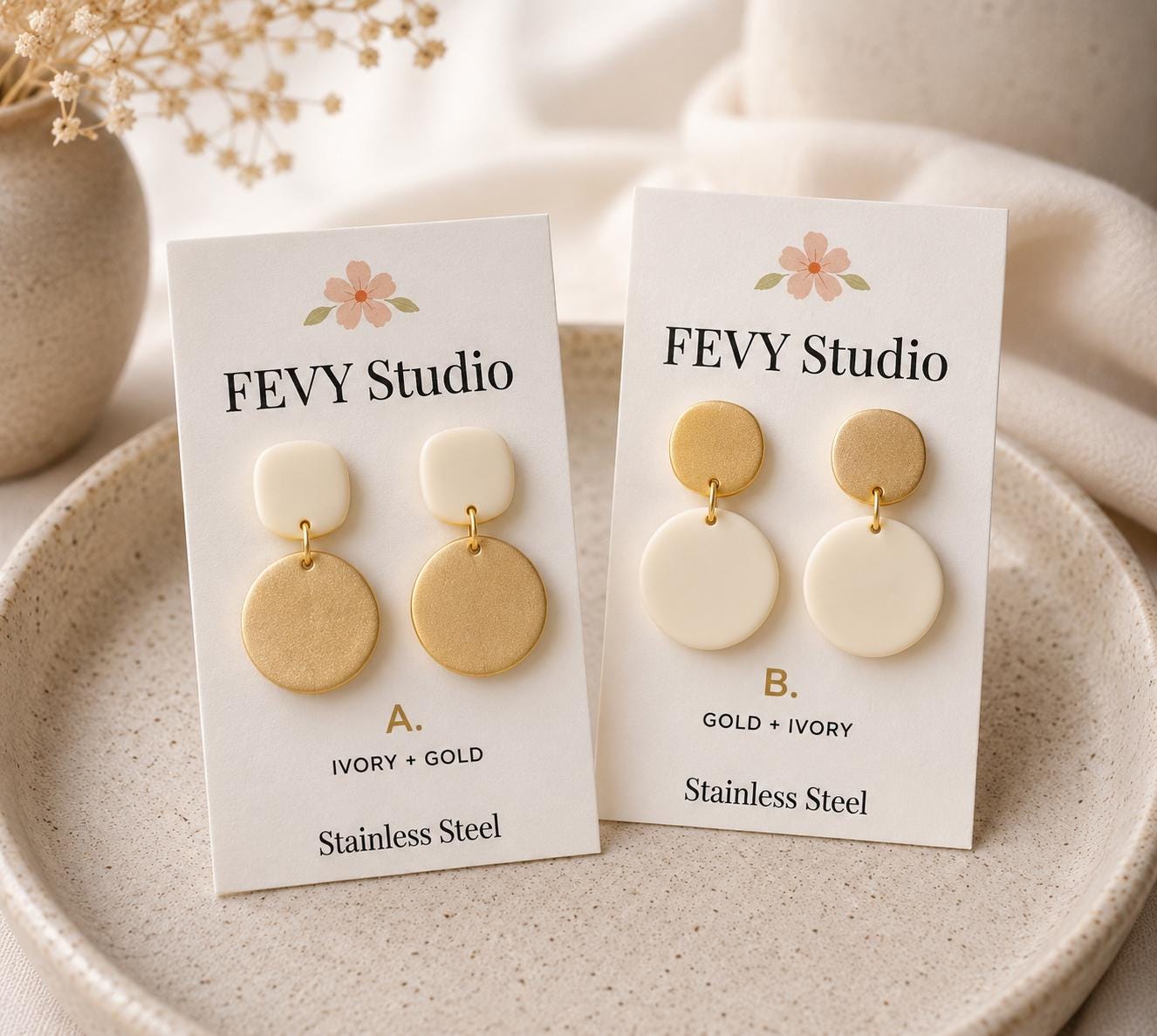Handmade Ivory Gold Polymer Clay Dangle Earrings | Lightweight Boho Statement Jewelry