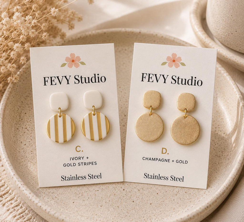 Handmade Ivory Gold Polymer Clay Dangle Earrings | Lightweight Boho Statement Jewelry