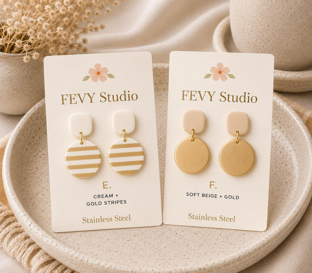 Handmade Ivory Gold Polymer Clay Dangle Earrings | Lightweight Boho Statement Jewelry