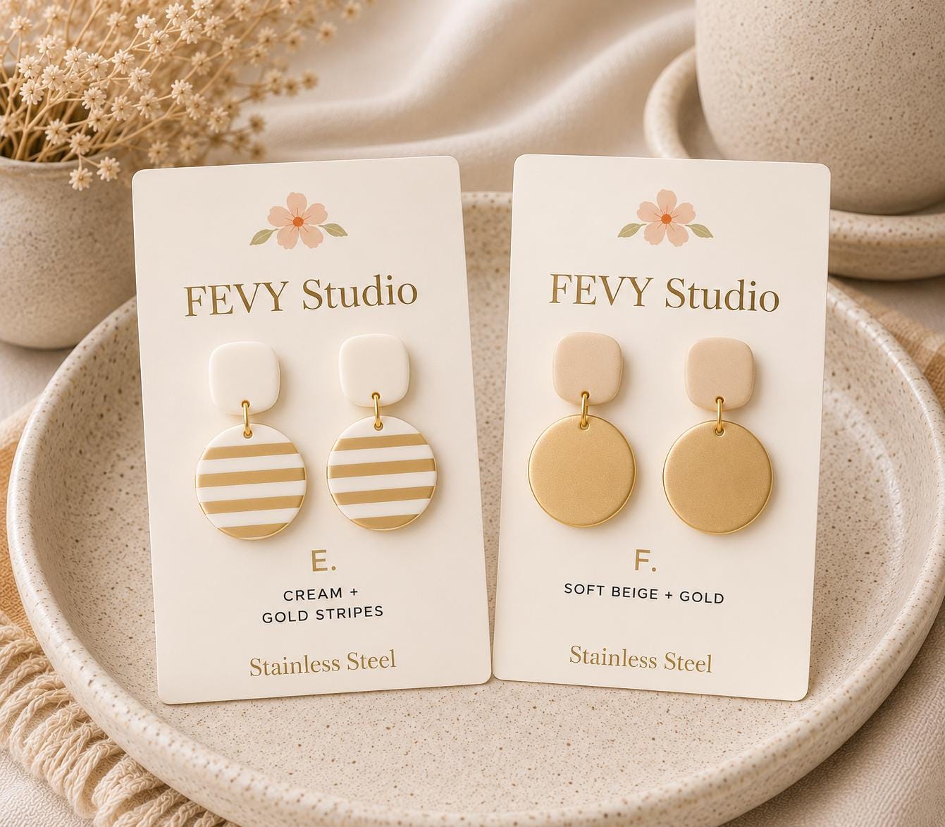 Handmade Ivory Gold Polymer Clay Dangle Earrings | Lightweight Boho Statement Jewelry