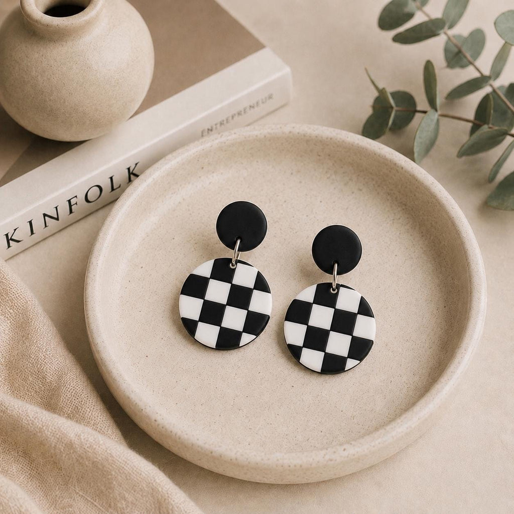 Checkerboard Polymer Clay Earrings | Black and White Dangle Earrings | Modern Geometric Earrings | Lightweight Handmade Earrings | Gift
