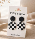 Checkerboard Polymer Clay Earrings | Black and White Dangle Earrings | Modern Geometric Earrings | Lightweight Handmade Earrings | Gift