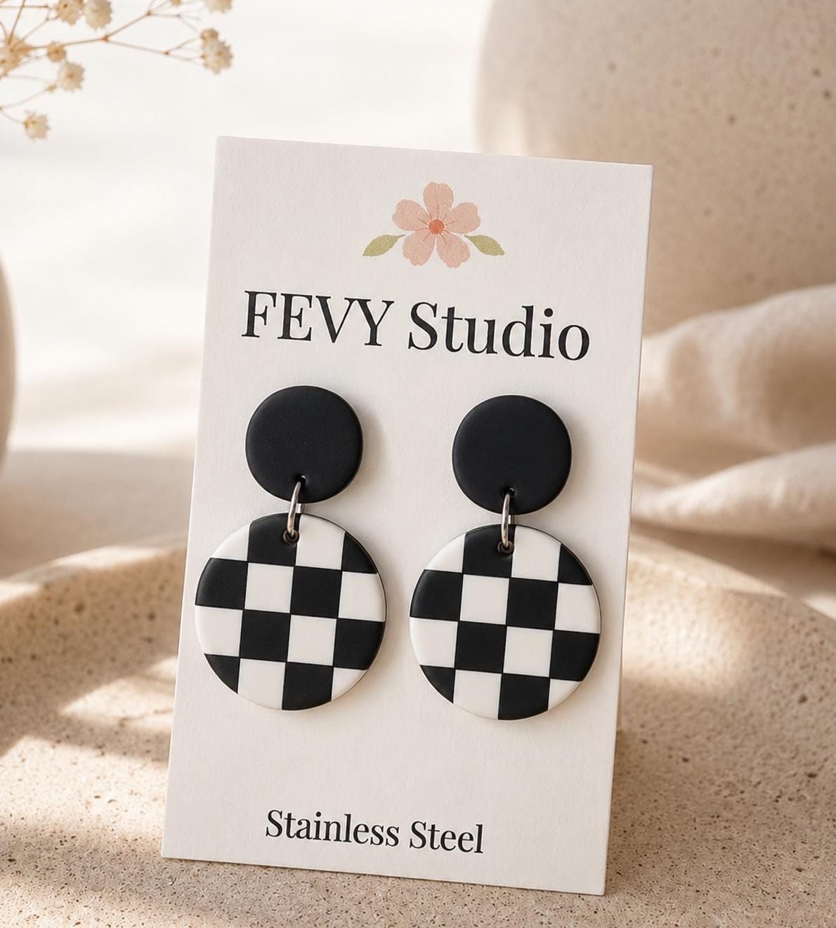 Checkerboard Polymer Clay Earrings | Black and White Dangle Earrings | Modern Geometric Earrings | Lightweight Handmade Earrings | Gift
