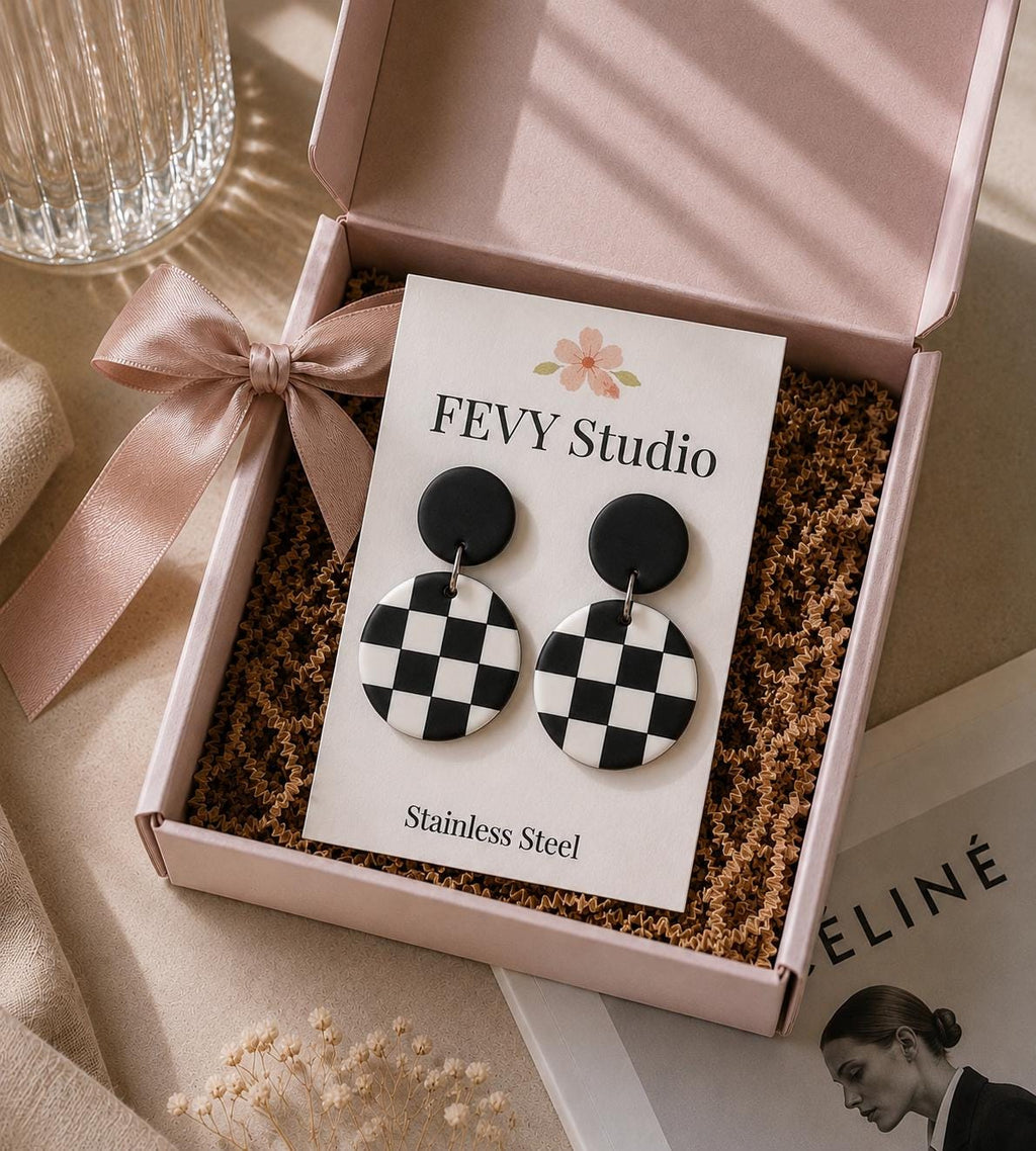 Checkerboard Polymer Clay Earrings | Black and White Dangle Earrings | Modern Geometric Earrings | Lightweight Handmade Earrings | Gift